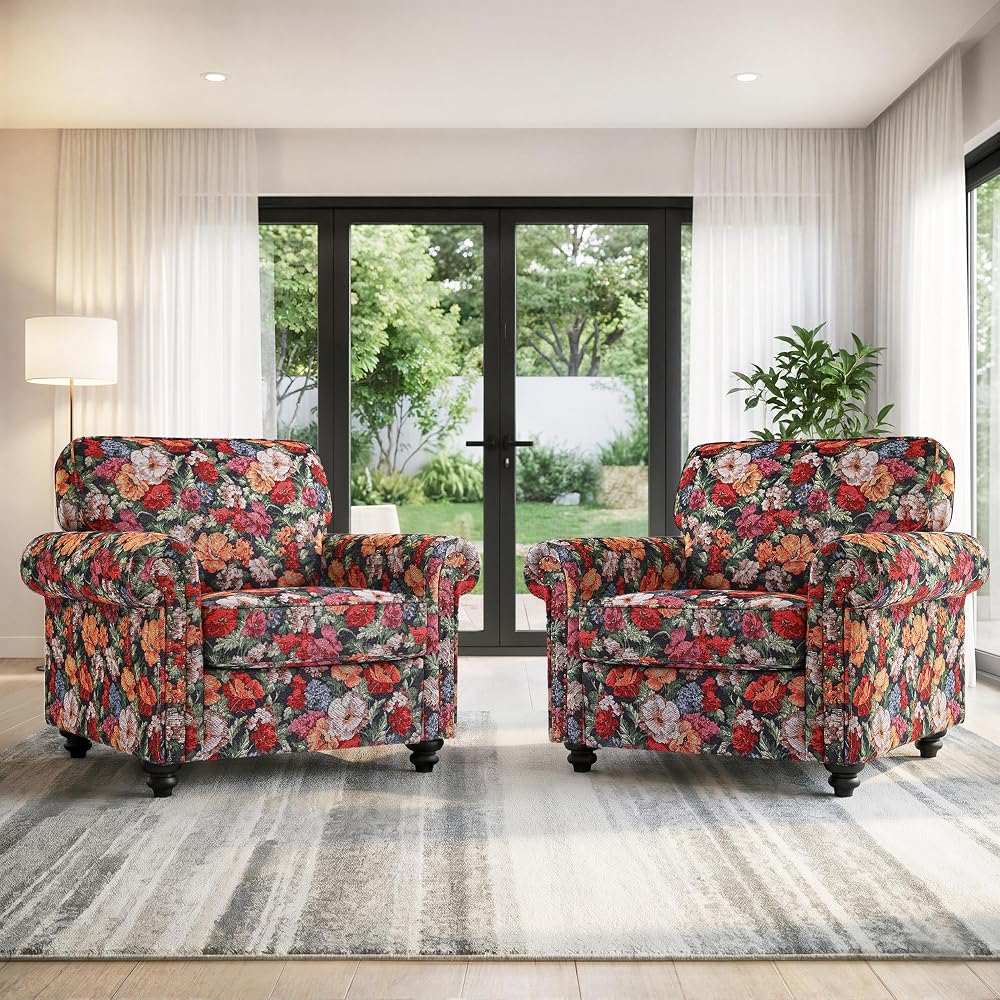 Folral Accent Chairs Set of 2, Comfy Reading Armchair, Black